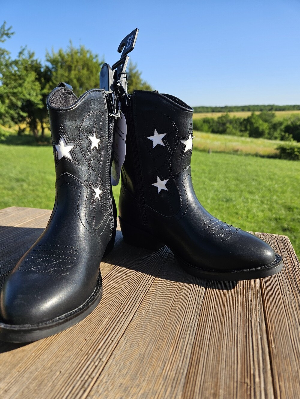 Girls Star Western Cowgirl Boots - Black w/ White Stars - Side Zip NWT